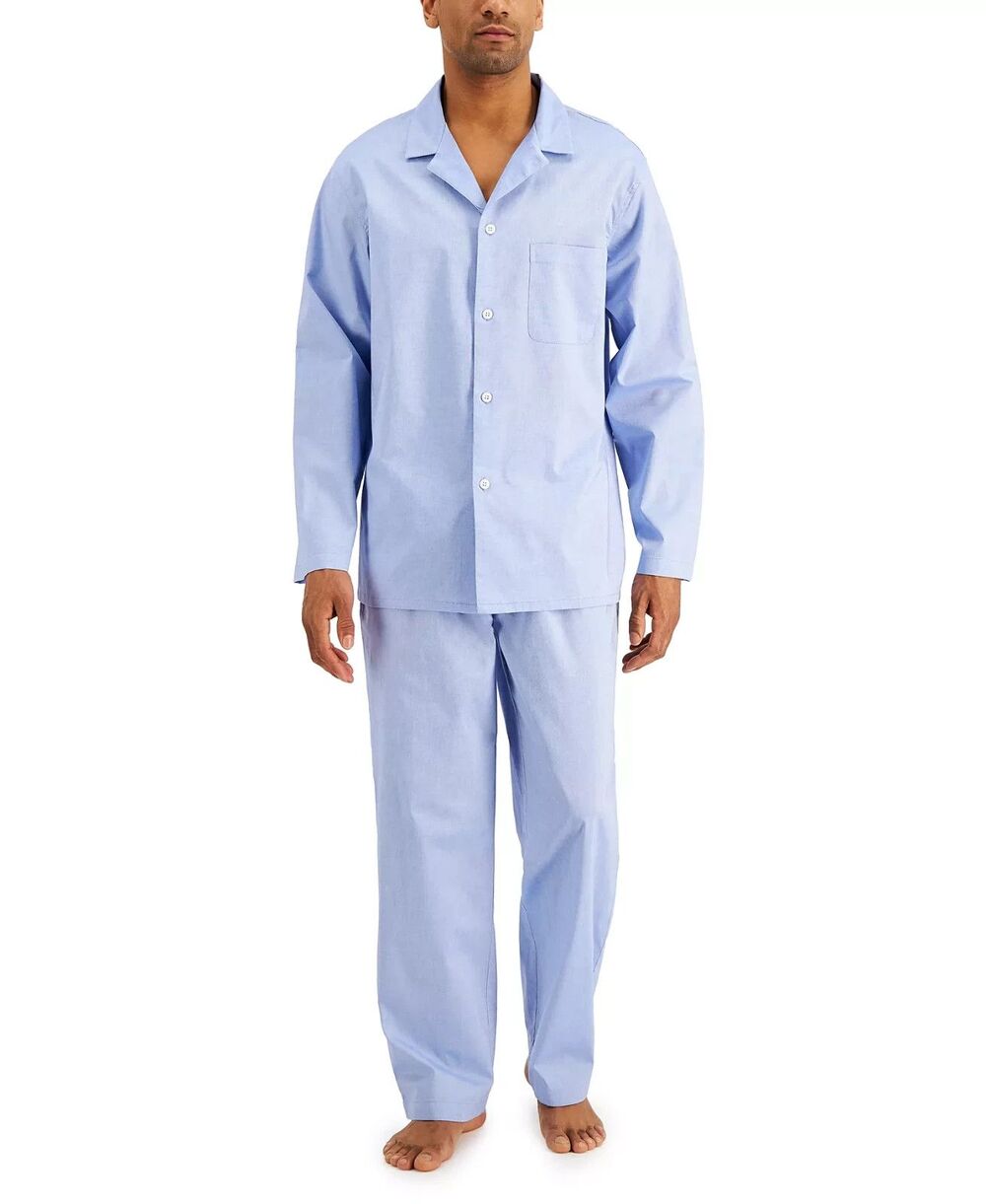 CLUB ROOM Pajama Set Mens Small Blue Oxford Button Up Pocket 100% Cotton Sleep